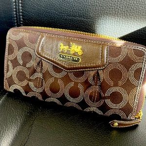 Brown Authentic Coach Fabric Zip-Around Wallet